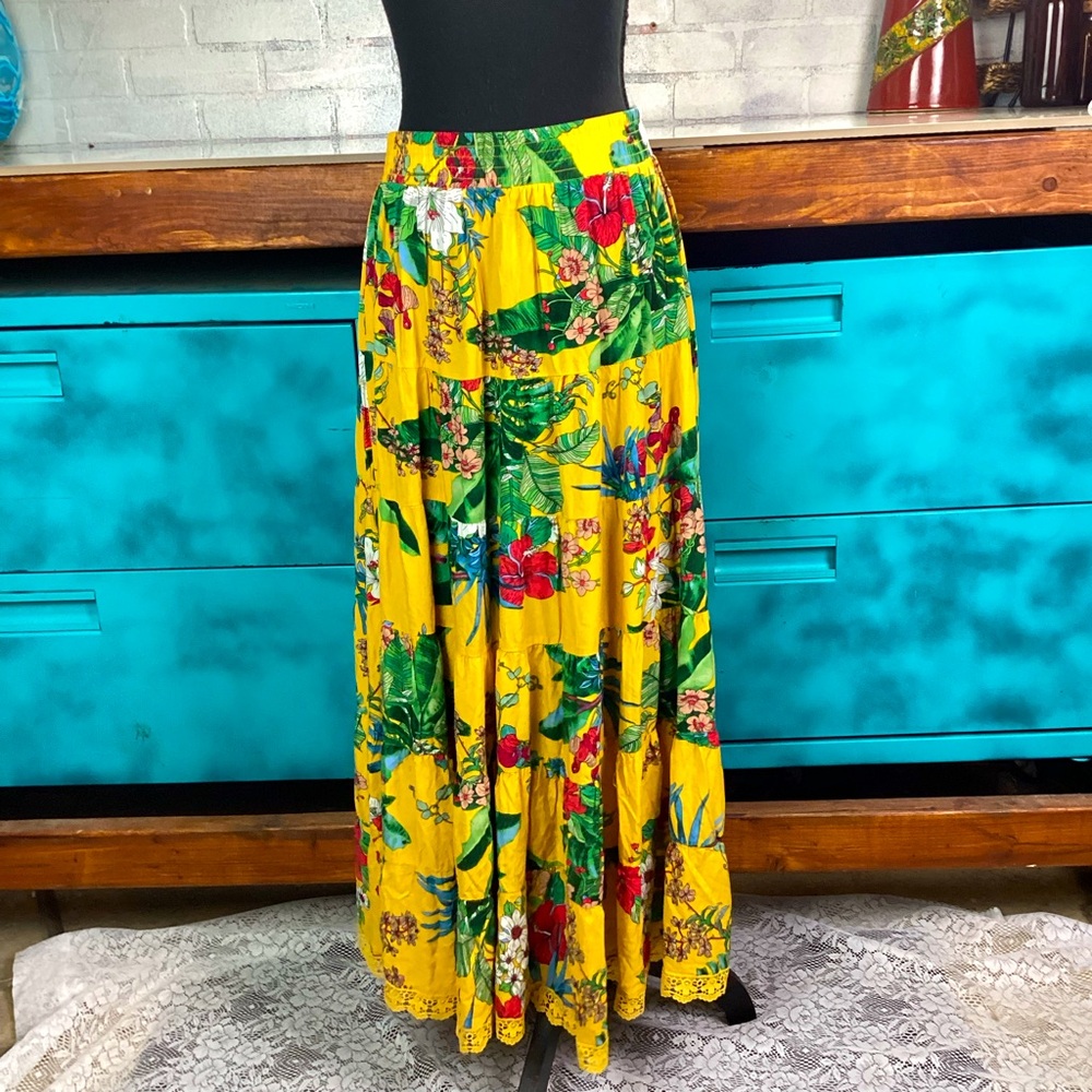Solitaire Swim Maxi Long Skirt Yellow Floral Bohemian Crochet Trim